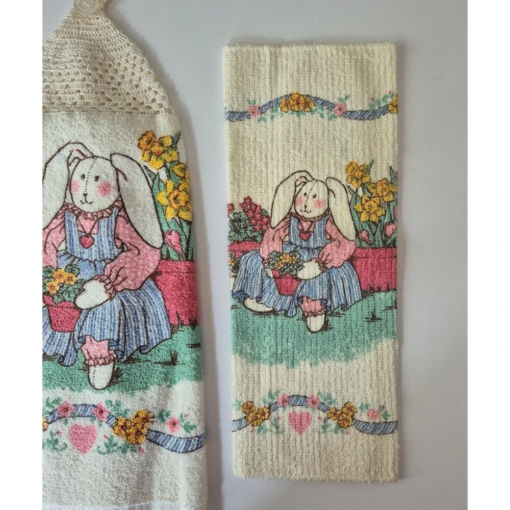 Vintage Cotton 2 PC Bunny Flowers Embroidered Kitchen Towel and Dish Cloth Set